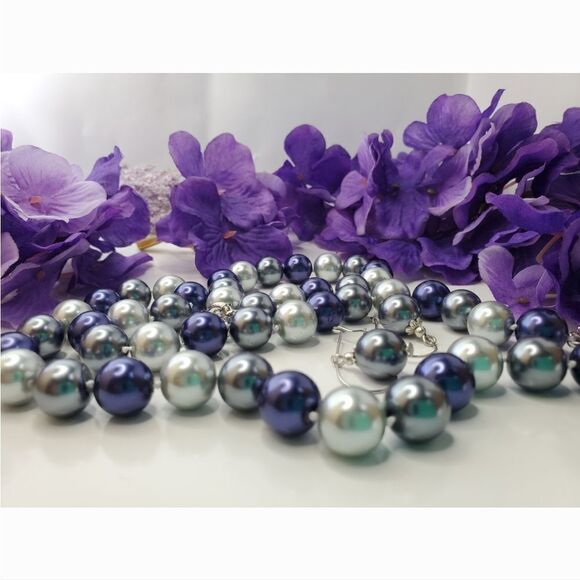 12 mm Three Color Blue Silver Grey 4 Piece Set South Sea Shell Pearls 925 Clasps - Picture 6 of 6